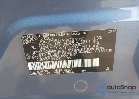 2012 Toyota Rav4 from USA, damaged, VIN 2T3BF4DV2CW194390